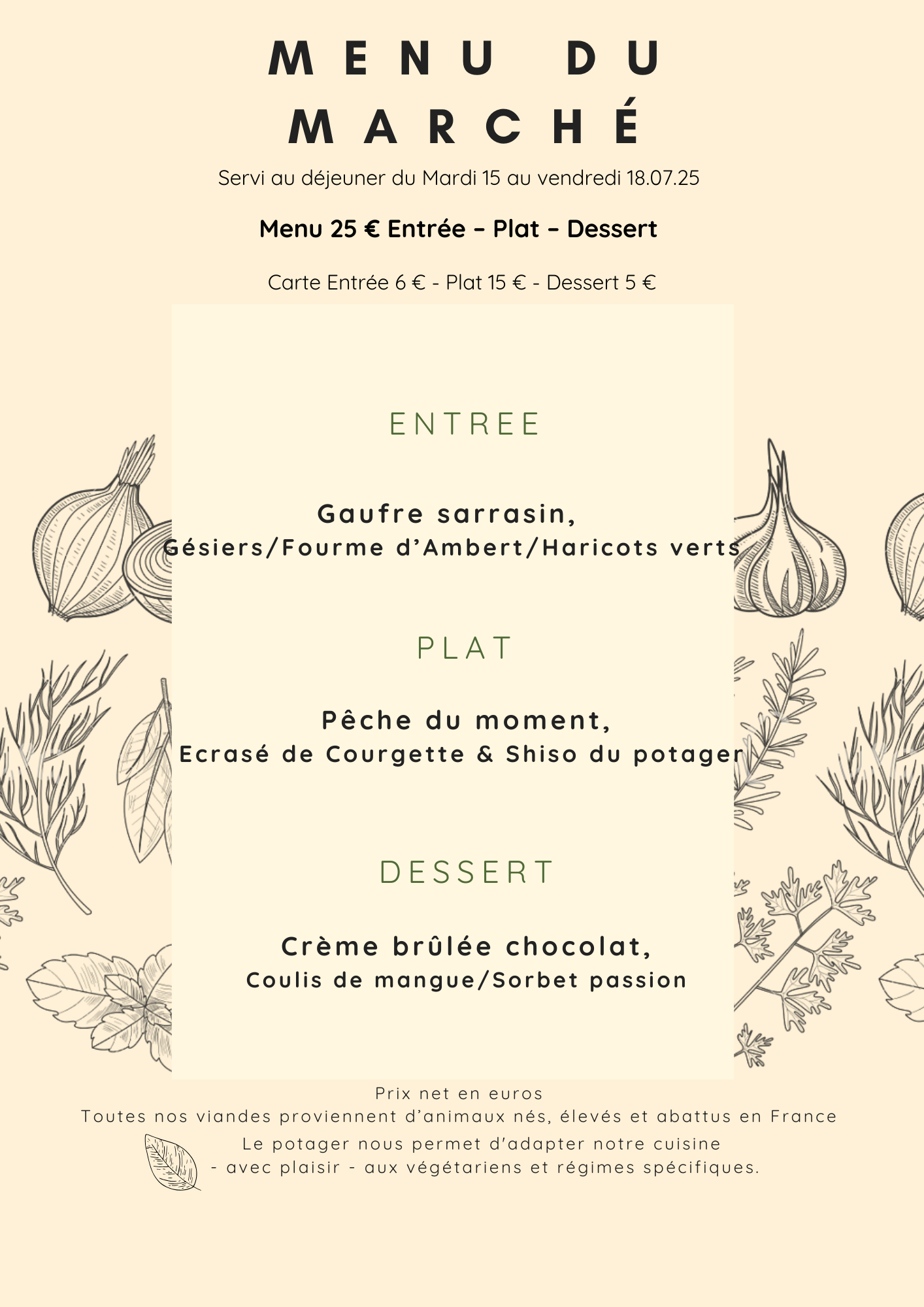 Menu du Marché du 15 au 18 Juillet 2025