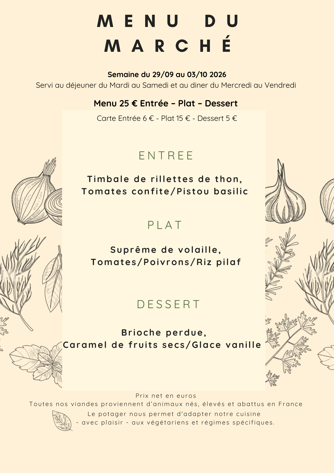 Menu du Marché du 29 au 03